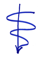 Downward arrow with squiggle line starting broad and narrowing at the point.